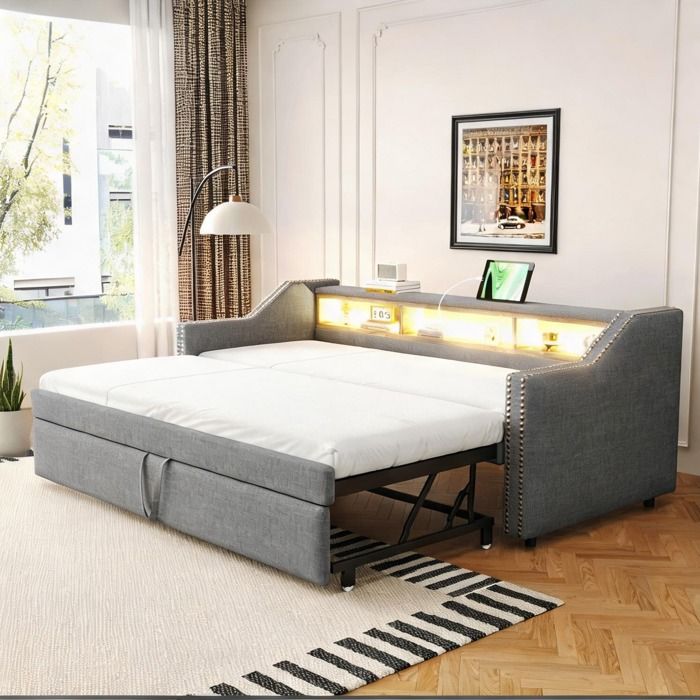 Sofa convertible extensible en lin gris ardoise avec rangement LED et USB 180x190 cm