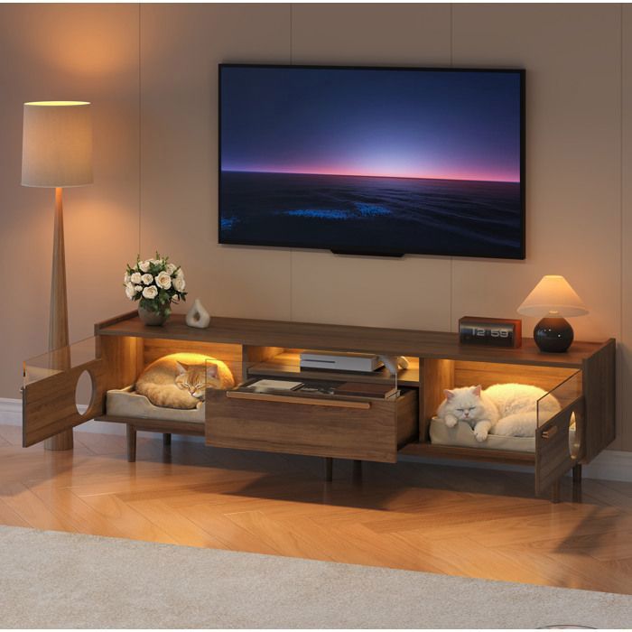 Meuble TV LED avec espace chat SENVIRO - 180 x 40 x 50 cm coloris noyer MDF et verre trempé teinté 1 tiroir