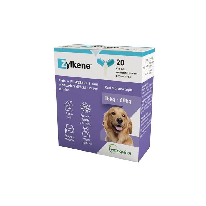 Complément alimentaire animal - VETOQUINOL - Zylkene - Chiens >15 kg - Relaxant pour stress - 20 gélules 450 mg Complément alimentaire animal - VETOQUINOL - Zylkene - Chiens >15 kg - Relaxant pour stress - 20 gélules 450 mg