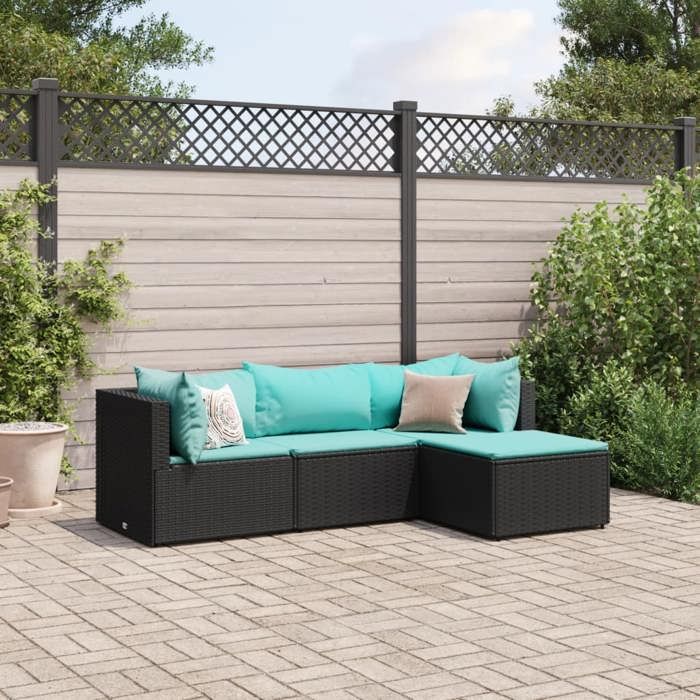 Noir Salon de jardin 4 pcs avec coussins Noir Résine tressée - Meuble de balcon LV56278