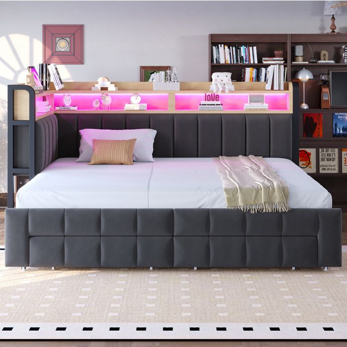 Lit combiné canapé-lit 90x200 cm extensible 180x200 cm avec tiroirs étagères LED USB et Type-C velours gris foncé JOINERY