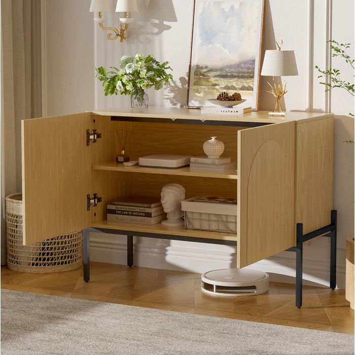 Buffet bas 2 portes 100x40x75 cm design moderne aspect bois naturel pieds en métal avec étagère intérieure ORVRYN