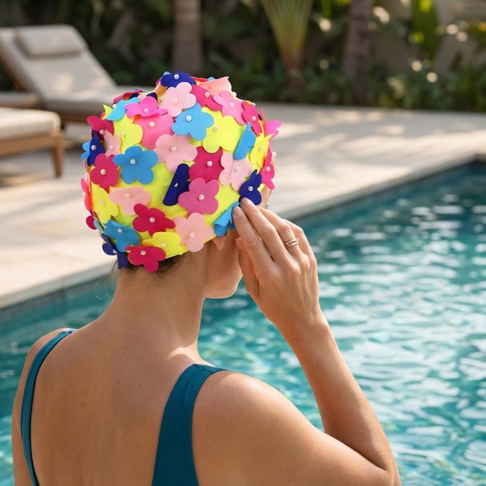AUCUNE bonnet de bain pour femmes Bonnet de bain floral pour femme en PVC avec pétales de fleurs 3D - Bonnet sport plongee Coloré