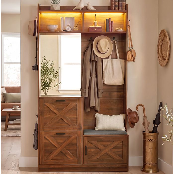 Vestiaire dentrée compact meuble rangement à chaussures LED miroir pleine longueur banc rembourré noyer VEVXYN