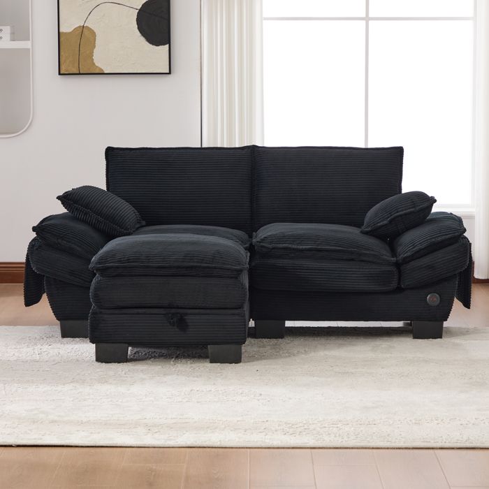Canapé modulable 2 places - ZEVKOR - Modèle 2P - Pouf rangement - Port USB-C - Velours côtelé noir