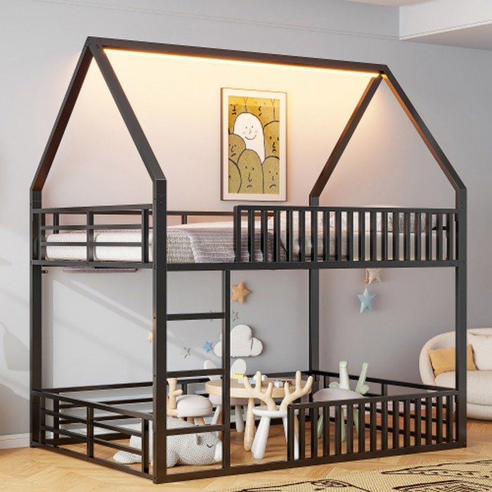 Lit mezzanine cabane 140x200 cm noir - garde-corps et éclairage led