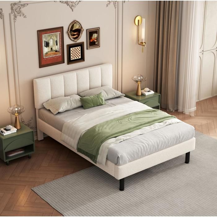 Maisentiel Lit capitonné Sherpa beige 140 x 190 cm sommier à lattes pieds en fer sans matelas