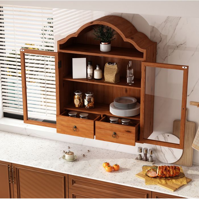 Modenuit Vitrine murale rétro en bois et verre trempé 2 portes vitrées 2 tiroirs marron