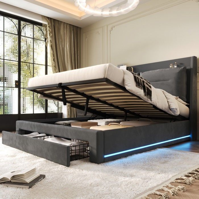 Lit capitonné 140x190 velours gris structure stable avec pieds réglables sommier à lattes et coffres de rangement