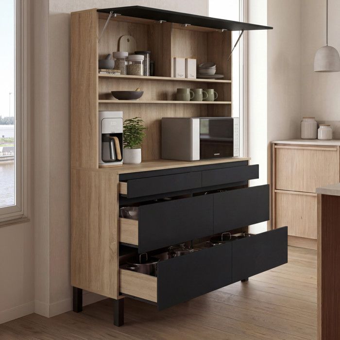 Buffet de cuisine 120 cm CLAUDE avec casserolier et placards bois et noir Buffet de cuisine 120 cm CLAUDE avec casserolier et placards bois et noir