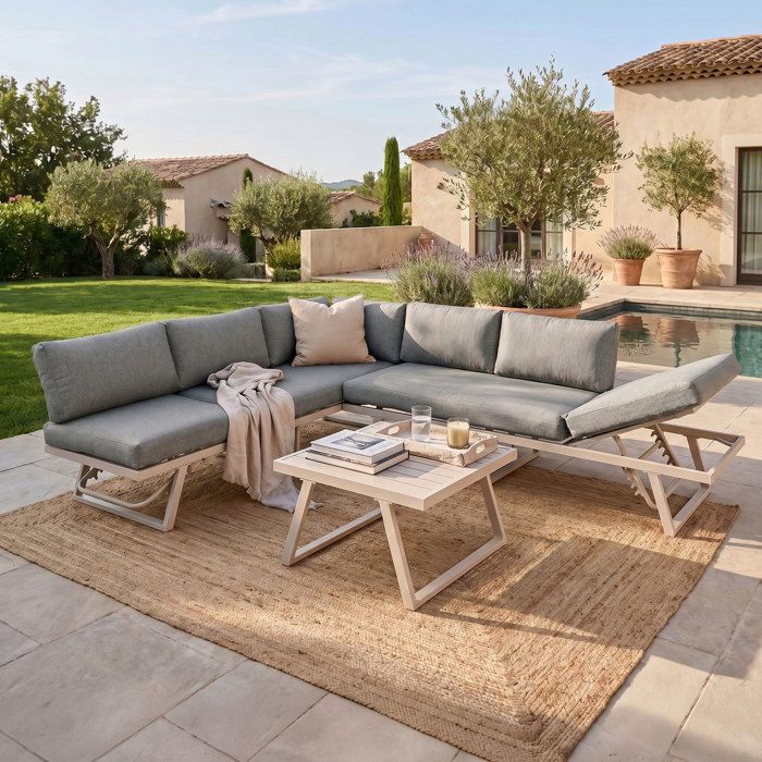 Salon de jardin 6 places modulable en aluminium beige et gris