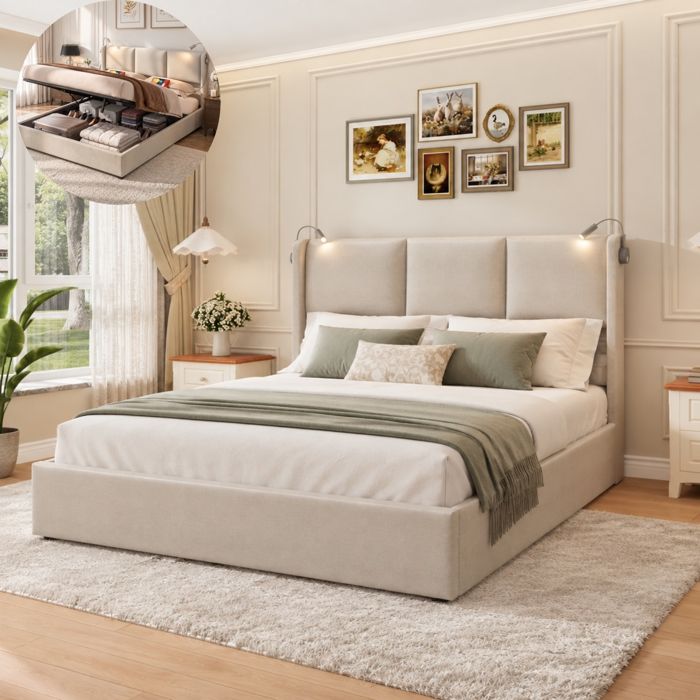 Lit coffre adulte 160x200 cm Lit Double avec chargement USB et liseuse Tête de lit Rembourré Rangement hydraulique lin beige