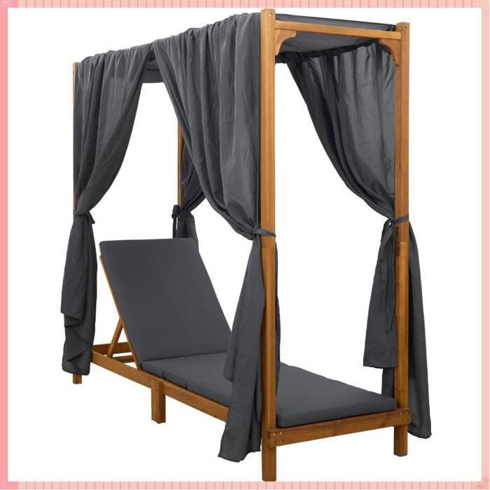 Transat simple avec auvent et rideaux d - Bois dacacia massif - Réglable - Anti-UV - Acacia - 68x200x175 cm - 60 cm - 123 cm - V2