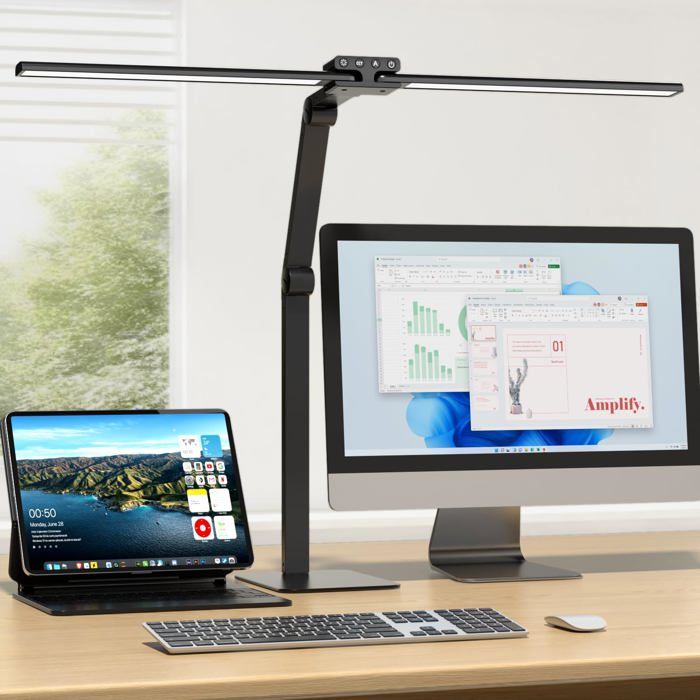 Lampe de bureau LED double tête 24W 1200 lm 80 cm minuterie 30 min base métallique noir