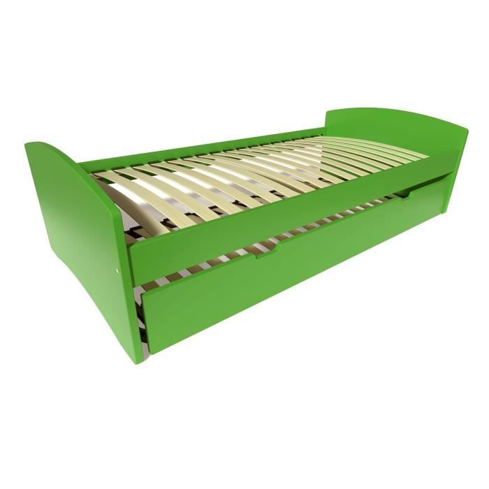 lit gigogne happy pin massif - abc meubles - 90x190 cm - vert - sommier tiroir relevable - 120 kg/couchage