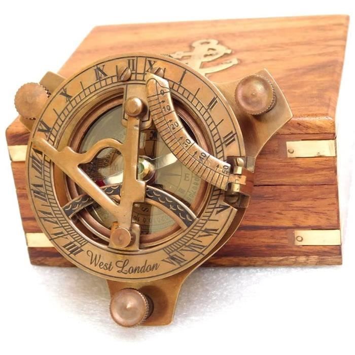 Boussole Cadran Solaire Laiton Massif - 10cm Avec Boîte Bois