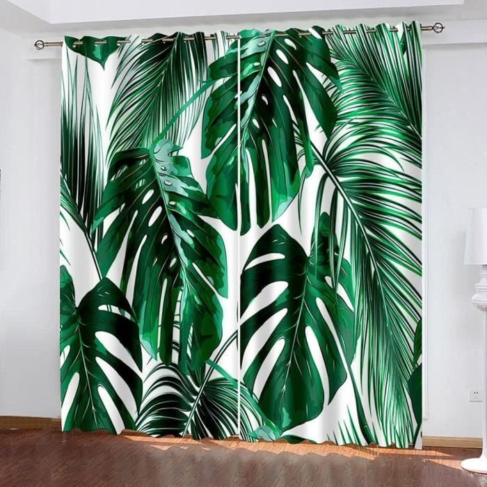 Lot 2 Voilages Rideaux Feuilles Tropicales Vert – 107x132 Cm – Semi-Transparents Salon Chambre Moderne