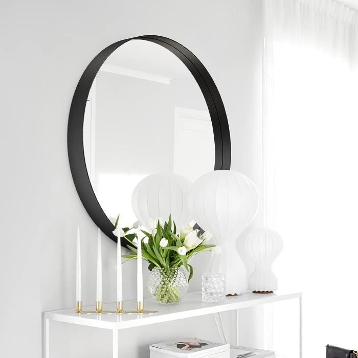 MirrorOutlet - Miroir Mural Rond Fenestra 110x110 Cm - Cadre Noir Fin Avec Bords Dorés, Design Moderne