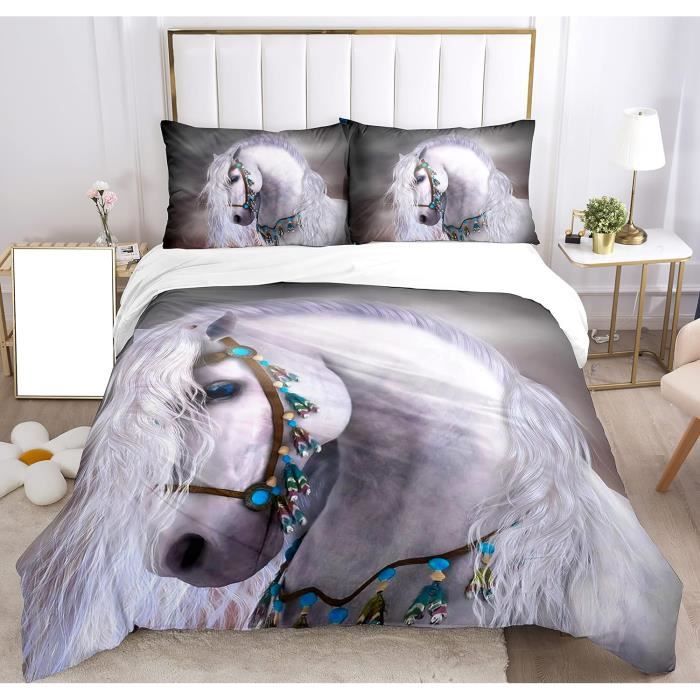 Ensemble De Literie Enfant Fille - Couette Cheval Et 3 Simulacres - Thème équestre