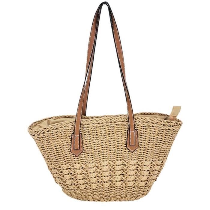 Sac de plage fourre-tout - Brun - Tissé à la main - Grande capacité - Corde de papier kraft - Coton polyester