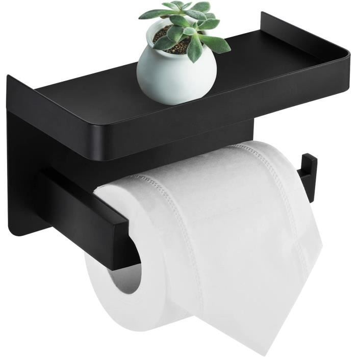 SANYROI Porte Papier Toilette Acier Inoxydable Noir Mat - Support Mural Avec Étagère Pour Téléphone Et Petits Objets, Installation Sans Perçage Ou Avec Vis