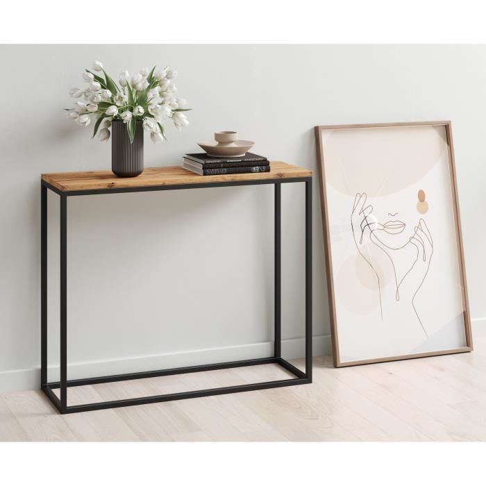 Console LOFT - Style industriel - Décor chêne wotan et noir - L 100 x P 30 x H 80cm