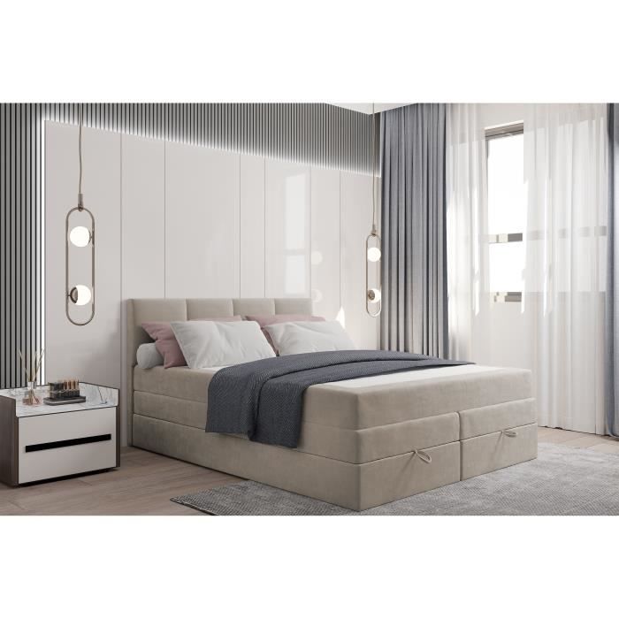 Lit adulte 160x200 cm PRADO avec rangement et matelas ressorts ensachés - tissu velours - beige Lit adulte 160x200 cm PRADO avec rangement et matelas ressorts ensachés - tissu velours - beige