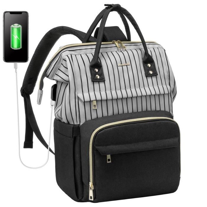Sac à dos,LOVEVOOK – sac à dos en toile pour femmes, multifonctionnel, unisexe, étanche, antivol, pour l'école - Type black-stripe1