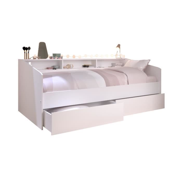 lit banquette couchage 90x200 avec tiroirs et niches - 255 cm x 36 cm x 103 cm - stamp - blanc