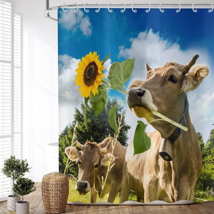 Rideau De Douche Vache Drôle 183x183cm - Polyester Imperméable, Déco Ferme Animée, Zt-yts02329