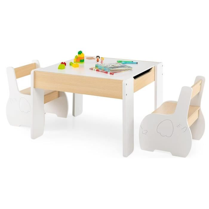 DREAMADE 3 en 1 Ensemble Table et 2 Chaises Enfant avec Tableau Noir Plateau Amovible Boîtes de Rangement pour 3-6 Ans Blanc