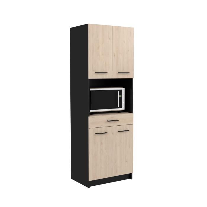 Buffet de cuisine IDEM - Décor chêne et noir - 4 portes + 1 tiroir - L 60 x P 42 x H 177 cm