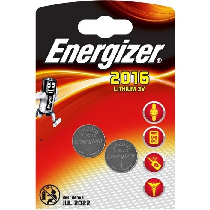 Energizer Lot de 2 piles CR2016 piles bouton au Lithium 3 V emballées sous Blister