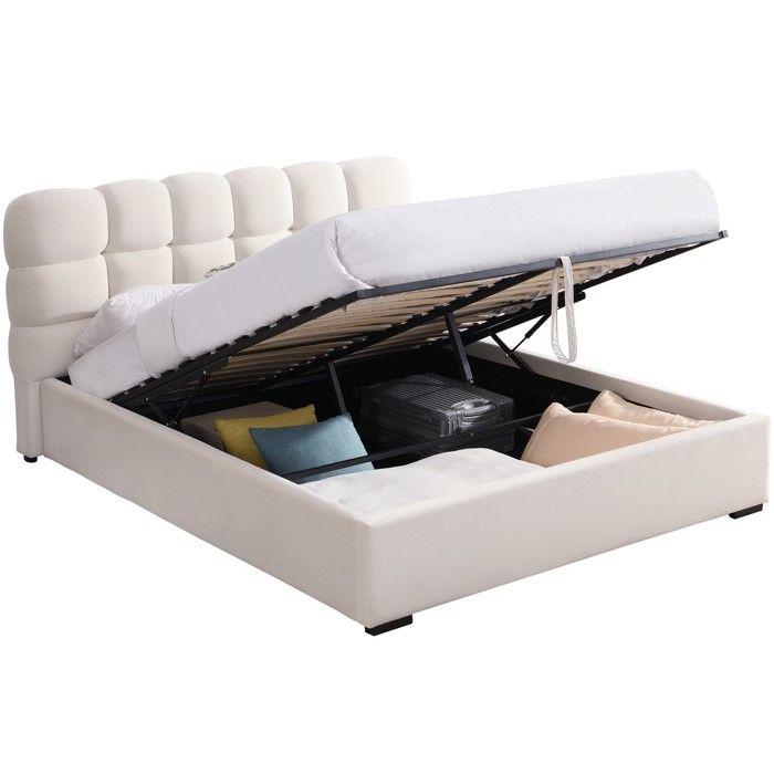 Lit coffre adulte 140x190 cm avec sommier et tête de lit capitonnée en velours beige - Lola Lit coffre adulte 140x190 cm avec sommier et tête de lit capitonnée en velours beige - Lola