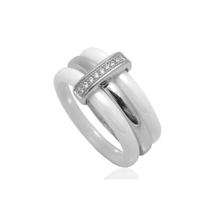 Bague céramique blanche et motif X pavé de cristaux T50 en promotion