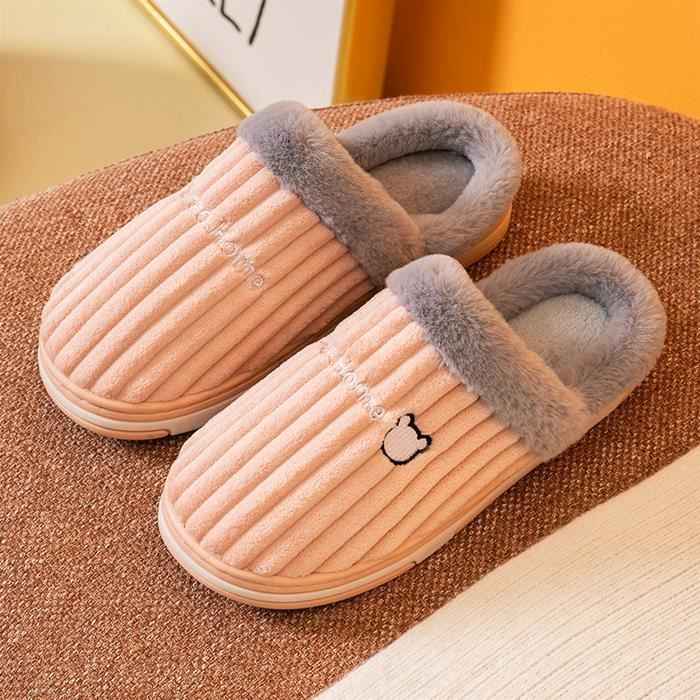 Chaussons D'hiver Unis En Polaire épaisse - Semelle Antidérapante En Caoutchouc Souple - Pour Femmes Et Hommes