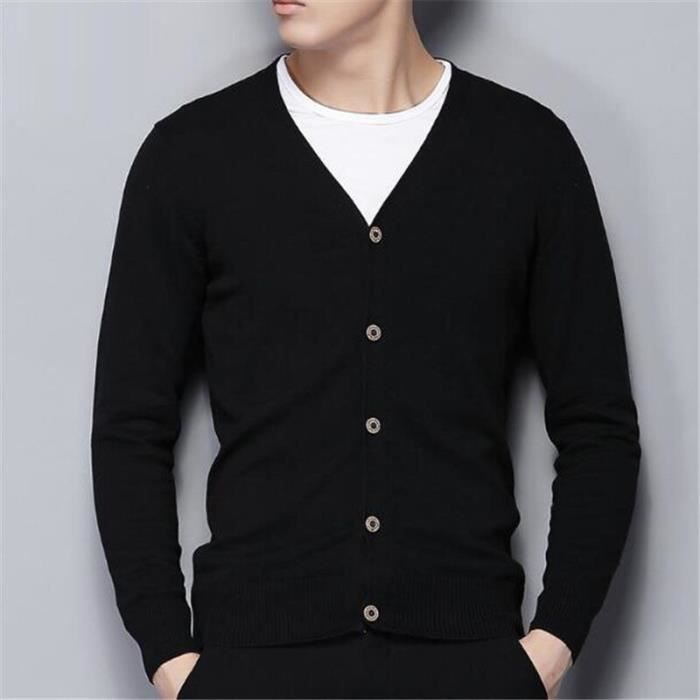 Gilet-cardigan,Cardigan en coton tricoté pour homme, chandail à manches longues, col en v, boutons amples - Black[A3849]