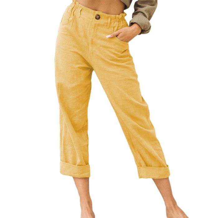 Shownicer Pantalon En Coton Et Lin Pour Femmes - Taille Haute Décontracté Élégant Avec Poches - 7/8 Pantacourt Été