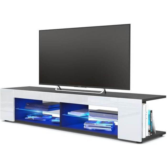 meuble tv - no name - noir mat - façades en blanc laquées - led bleu