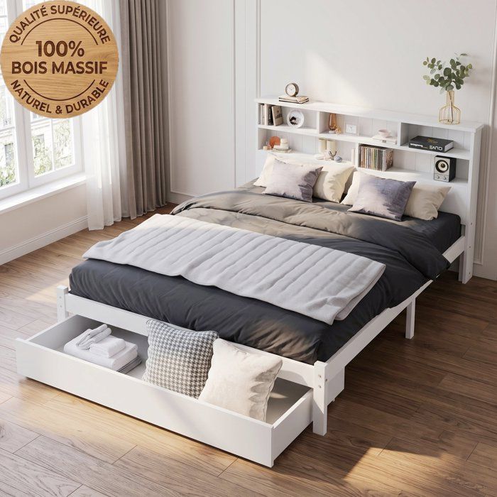 Lit double adulte 140 x 200 cm Bois massif Tiroir et Bibliothèque Sommier à lattes inclus Style contemporain Blanc