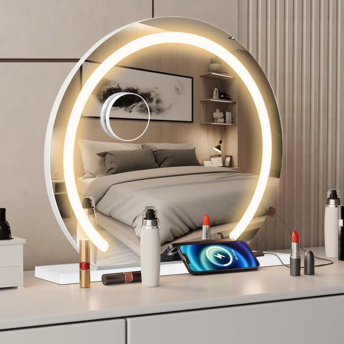 Miroir 360° LED Réglable Xespis - 3 Faces Avec Loupe X10 - Cape Coiffeur Inclus - Blanc 30x20cm