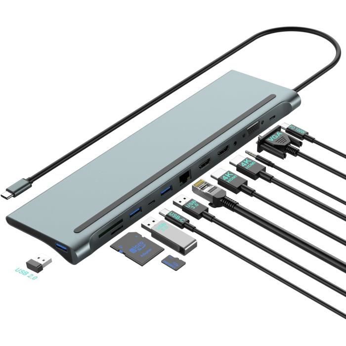 Adaptateur USB-C 13-en-1 Charge 100W Ethernet 3-Moniteurs Station D'Accueil Usb C,Docking Station Usb C,Avec 2 Displayport,Hdmi,100W Pd Hub USB-C Pour Ordinateur Portable Dell HP Lenovo