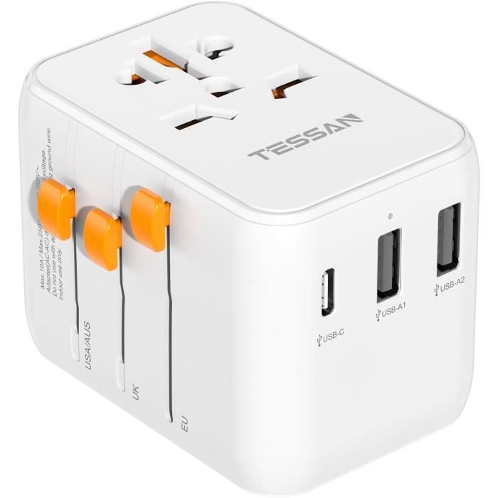 Adaptateur De Voyage USA 6 En 1 | Prises US + 2 USB-C + 2 USB-A | Type B Pour Canada, Mexique, Thaïlande... (Blanc)