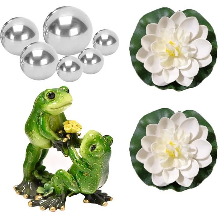 Décoration Flottante Grenouille Pour étang Ou Piscine - Set Avec 6 Boules Argentées Et 1 Fleur De Lotus, Résine Polyester