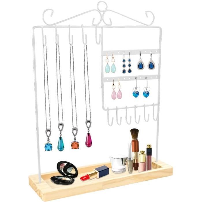 Benxdara Porte Bijoux Femme Élégant - Présentoir à Bijoux 4 Niveaux Avec Plateau Et Crochets, Arbre à Collier Pour Boucles D'Oreilles, Bagues, Bracelets Et Montres - Blanc