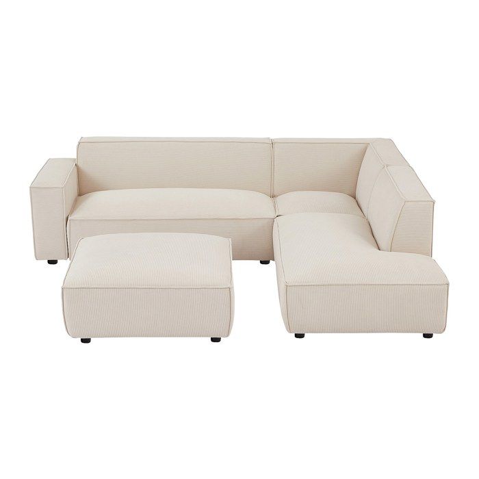 Grand canapé dangle droit et pouf en velours côtelé beige BORORE