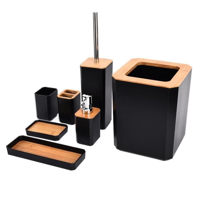 Ensemble Salle De Bain 7 Pièces En Bambou Et Résine - Distributeur De Savon, Brosse WC, Poubelle, Plateau - Style Moderne