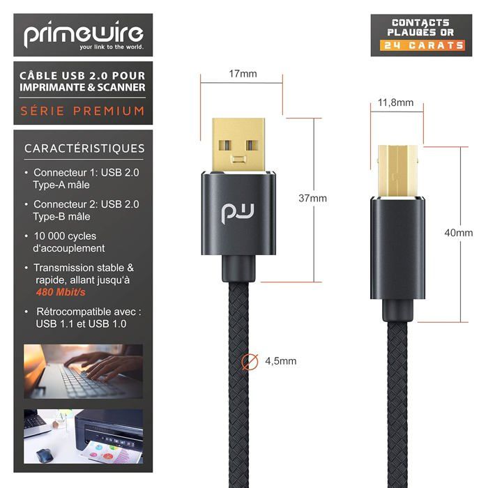 Câble USB 2.0 Imprimante/Scanner - Type A Mâle Vers B Mâle - 1.8m Ou 3m - Vivanco Neuf