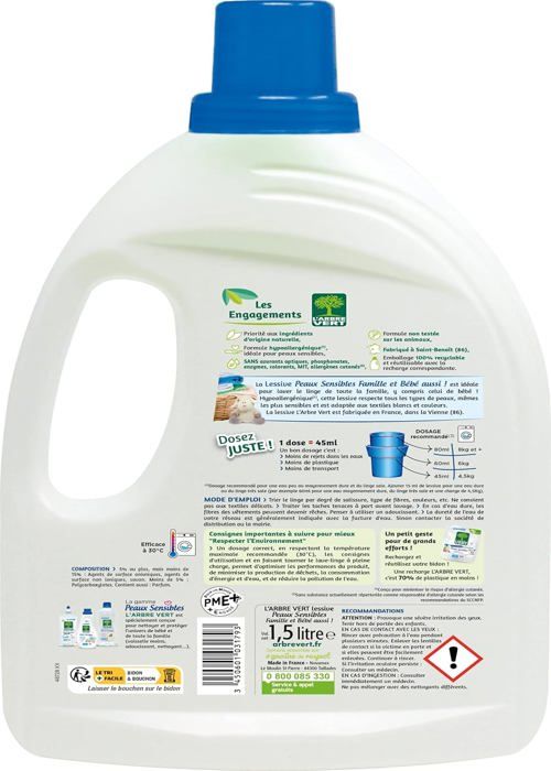 Lessive Liquide pour Peaux Sensibles Famille et Bb Hypoallergnique Sans  Allergnes,1,5L (Lot de 2) - Cdiscount Electromnager
