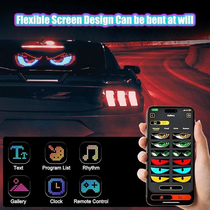 Lot de 2 Lumières Yeux du Diable pour Voiture et Camion, Lumière Colorée pour Fenêtre avec Contrôle par Application et Télécommande, 120 x595mm Lot de 2 Lumières Yeux du Diable pour Voiture et Camion, Lumière Colorée pour Fenêtre avec Contrôle par Application et Télécommande, 120 x595mm